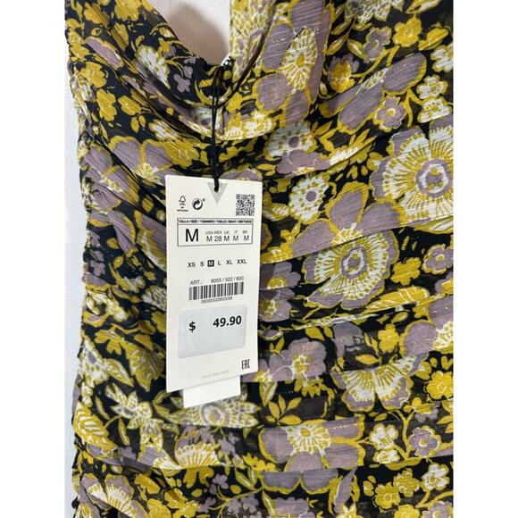 NEW ZARA M One Shoulder Metallic Floral Ruched Mini Dress in Gold/Purple $50 D53 - Picture 3 of 7